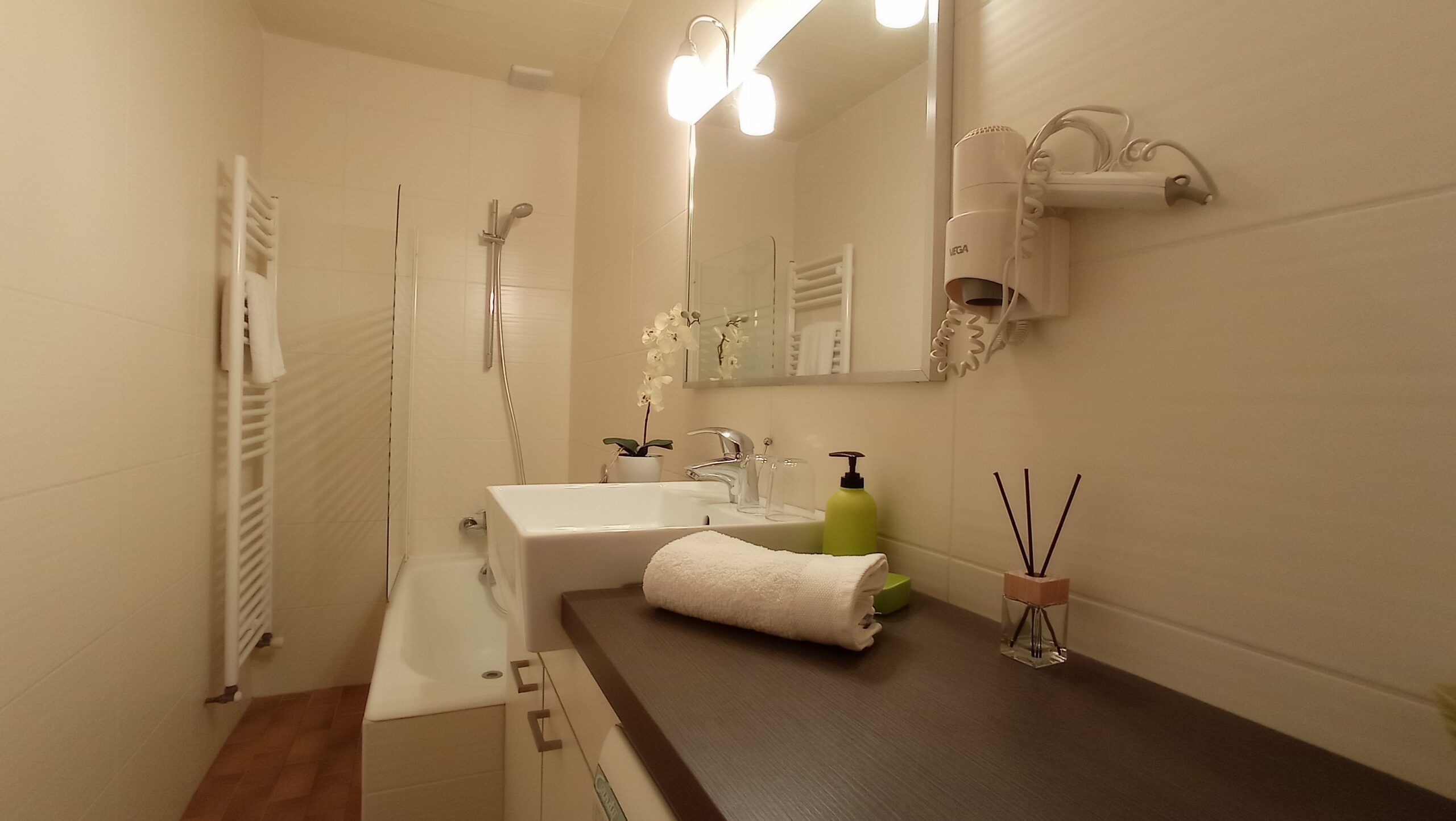 Salle de bain avec baignoire, vasque, sèche serviettes, lave linge. WC indépendant.